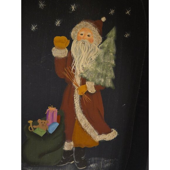 Wooden Tray Hand Painted Santa With Christmas Tree Bag Of Presents Oval - Picture 2 of 6